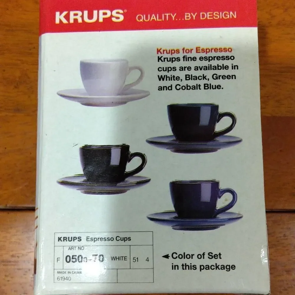 2 Krups Espresso Cup Sets, 4 2 1/2 Espresso Cups with Saucers, White Stoneware.